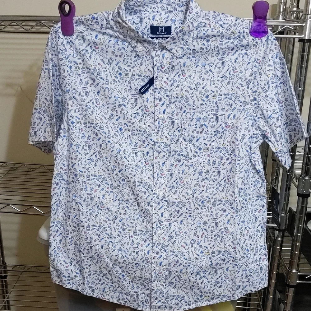 George Men's White Shirt with Blue and Purple Patterns - Picture 1 of 5